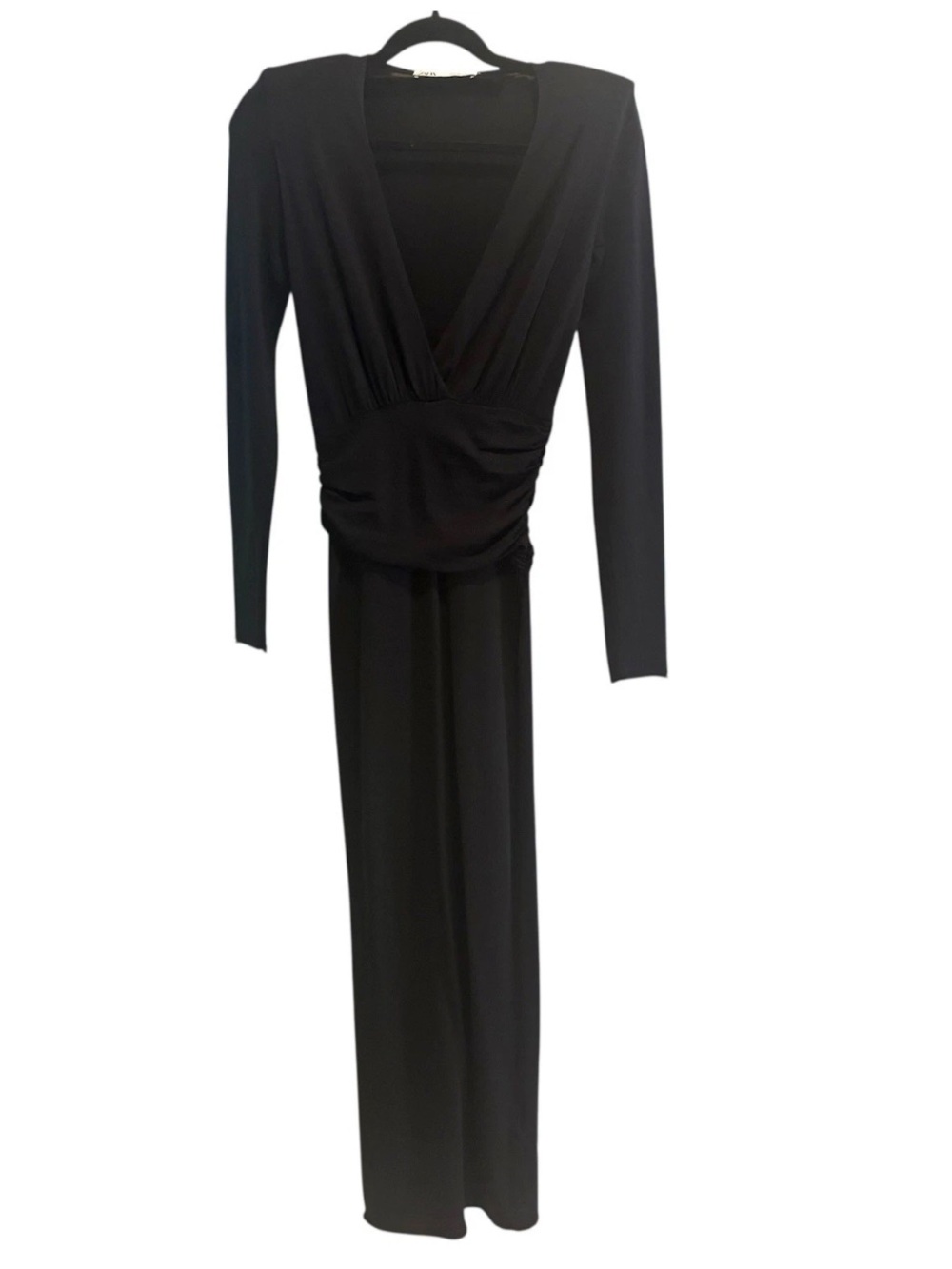 Zara Maxi Ruched Waist V-Neck Knit Dress S Shoulder Pads Black Goth Emo Witchy